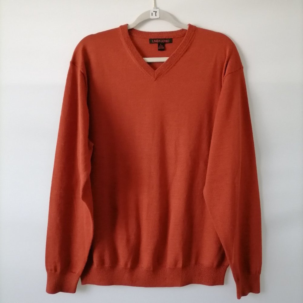 Linea Uomo Mens Orange Long Sleeve V Neck Stretch Super Soft Sweater Size Large